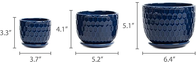Ceramic Flower Pots with Drainage Hole and Saucer, North European Style Round Indoor Succulent Planters with Honeycomb Inspired Texture Design, Small to Medium-Sized, Set of 3, Navy Blue