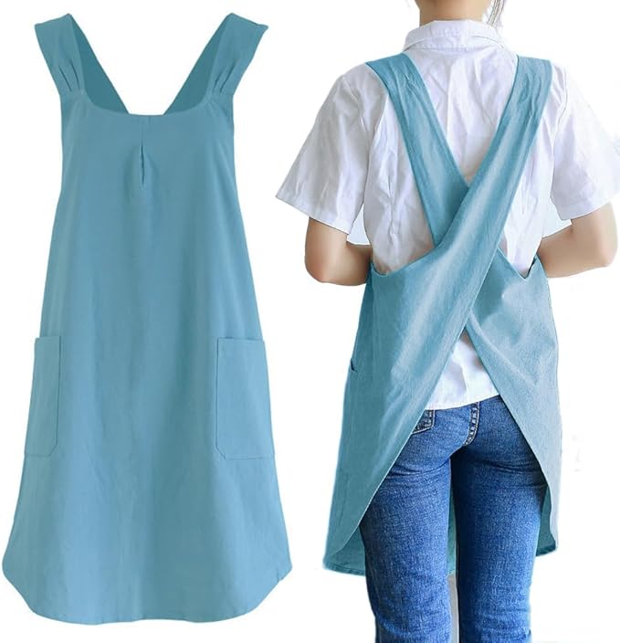 NEWGEM Japanese Linen Cross Back Cooking Aprons for Women Men with Pockets Cute for Baking Kitchen