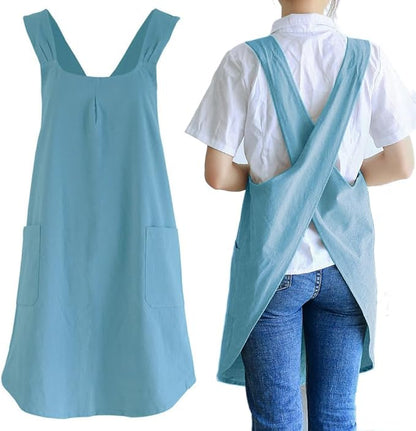 NEWGEM Japanese Linen Cross Back Cooking Aprons for Women Men with Pockets Cute for Baking Kitchen