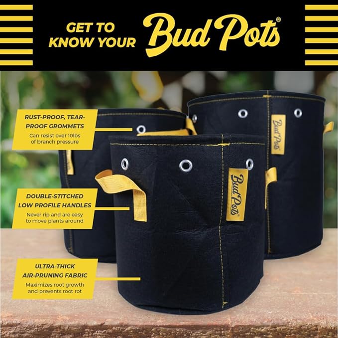 BudPots for Optimal Plant Growth | 3Ga Fabric Pots (11.3L) | 4-Pack | Metal Reinforced Rim - Sturdy & Never Collapses | Promotes Dense & Healthy Roots | Low Stress Training | Reusable
