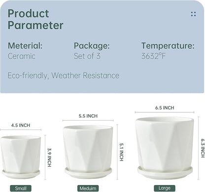Octagon Ceramic Plant Pots - Indoor White Flower Planter Set with Drainage Holes, 6.7/5.5/4.7 Inch, Modern Decorative Planter Outdoor for Succulents Snakes and Herb