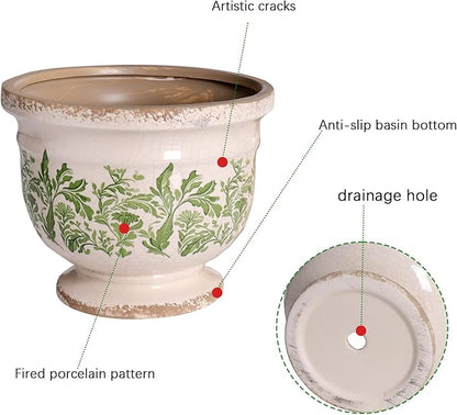 Vintage Ceramic Planter Pot with Drainage, 6.8 Inch Large Crackle Glaze Flower Pot with Green Floral Leaf Pattern for Succulents, Flowers, Farmhouse Country Rustic Planters for Gardening Gift