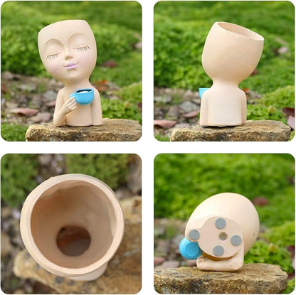 Face Pot for Plants, with a Base,Face Flower Pot for Indoor Outdoor Plants Resin Succulent Planter with Drainage Hole Cute Lady Plant Pots（Lignt Orange）