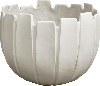 Large Round Planter with Drainage Hole, 11.8''H × 15.8''D Sphere Indoor Plant Pot, Modern Flower Pot for Outdoor Garden Patio Home, Wavy Rim Design, White