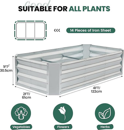 G GOOD GAIN 4x2x1ft Raised Garden Bed – Galvanized Metal Planter Box for Vegetables, Flowers, Herbs, Fruits – Outdoor Garden Beds with Open Bottom, Sliver