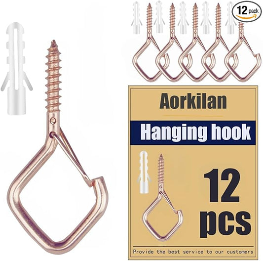 12-Pack Heavy-Duty Rose Gold Screw Eye Hooks with Safety Clips | Metal Ceiling Hooks for Hanging Plants, Wind Chimes, Bird Feeders & Indoor/Outdoor Lights
