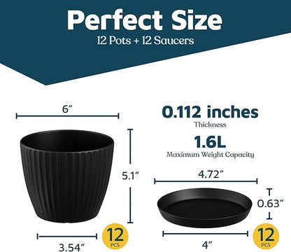 Black 6-Inch Plant Pots with Drainage & Saucers 12 Pack, Indoor & Outdoor Planters for Houseplants, Herbs, and Flowers, Durable & Weatherproof Material, Stackable, Lightweight, Minimalist Design