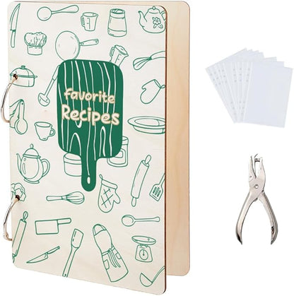 SUPERDANT Favorite Recipe Greeting Card Organizer Food Journal Keeper Kitchen Planner Card Holder Wooden Cards Keeper Binder Recipe Photo Album 2-Rings Cover with Punch and 20pcs Inner Pockets