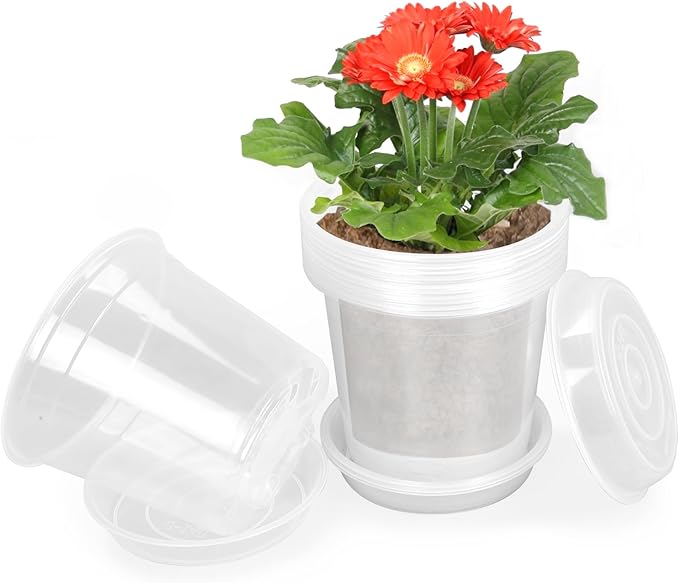 Clear Nursery Pots with Drainage and Saucers, 12 Pack 5 Inch Clear Plastic Plant Pots for Plants, Seed Starting Pots