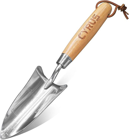 CYRUS Garden Shovel with Measurement Mark,Small Shovels for Gardening with Ash Wood Handle,12.4''Stainless Steel Hand Shovel Garden Spade Potting Soil Scoop for Gardening Planting,Transplanting