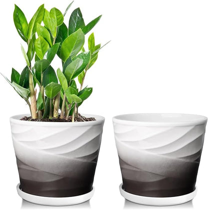 Ceramic Plant Pots,6 Inch,Set of 2,Planters with Drainage Hole and Saucer,Flower pots for Indoor Plants,Modern Design(6.7 in Diameter)