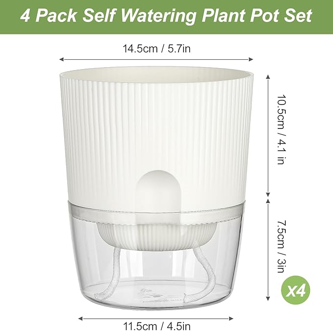 Plant Pots, 4 Pack 5.7 Inch Self Watering Pots for Indoor Plants, Flower Pots with Deep Reservoir and Drainage Holes - White