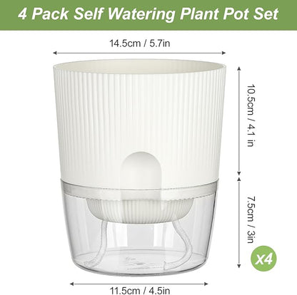 Plant Pots, 4 Pack 5.7 Inch Self Watering Pots for Indoor Plants, Flower Pots with Deep Reservoir and Drainage Holes - White