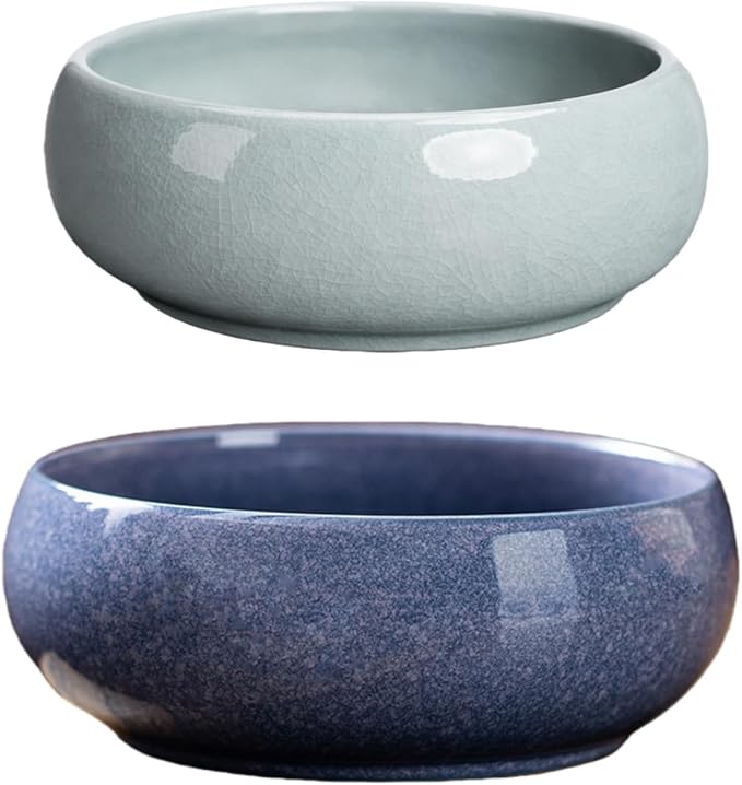2 Pack Lotus Bowl Planter, Large 7.5'' & Small 6.5'' Shallow Ceramic Water Planting Pot, Drainage-Free Hydroponic Bowl for Lotus Seeds, Ikebana, Succulents & Water Lilies (Sky&Star Series)