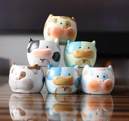 Cow Succulent Pots | Cow Planter Pots Set with Drainage | Ceramic Animal for Cacti Plant | Cute Decorative Holder for Home, Office, Windowsill | 2.7 Inch Set of 6