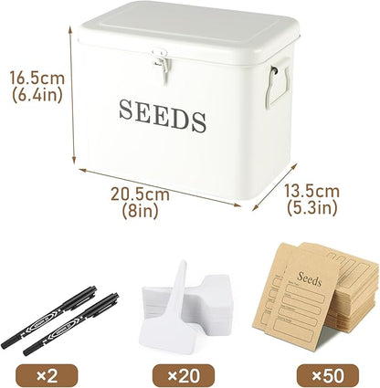 Seed Storage Organizer, T-Shape Compartment Seed Box with Safety Lock, Metal Seed Saving Box, Portable Seed Bin Container with Handle, Including 2 Pens 20 Plant Labels 50 Seed Envelopes-White