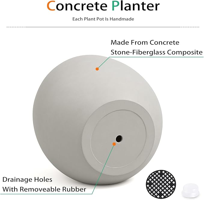 Ball Concrete Planter Outdoor Indoor, Large Tall Cement Plant Pots for Trees Flowers (Gray, 18 inch)