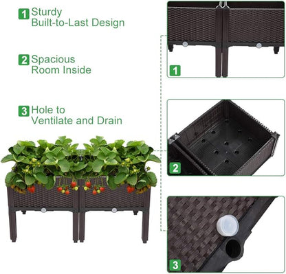 VINGLI Square Raised Garden Bed, Self-Watering Plastic Planter for Indoor Outdoor Vegetables, Fruits, Potato, Flowers, All Weather (2 Pcs)