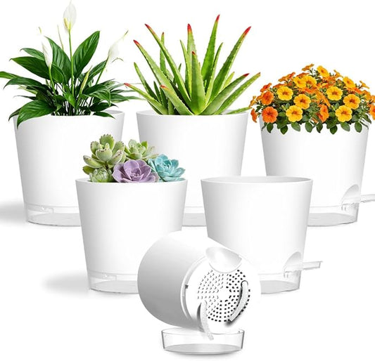Self Watering Pots for Plants, 2026 New Flower Plant Pots with Drainage Holes, Wicking and Clear Reservoirs for Succulent, Aloe, Cacti and Others - 6 Pack (White, 4")