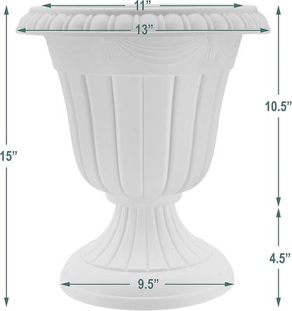 Arcadia Garden Products PL10WW Classic Traditional Plastic Urn Planter, 15" x 13", Whitewash