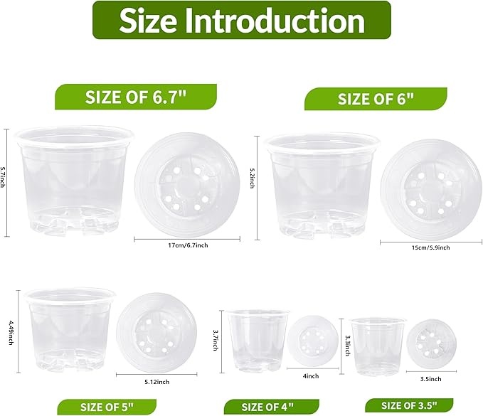 Oubest 6.7/6/5/4/3.5 Inch Clear Nursery Pots Variety Pack with Drainage Holes Transparent Plastic Plant Pot for Plants Seed Starter Planter Flower Pots 20 Packs
