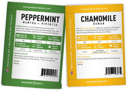 Gardeners Basics, Herbal Tea Seeds for Planting Indoors and Outdoors 5 Variety Packets Echinacea, Peppermint, Lavender, Chamomile and Lemon Balm - Great for Kitchen Herb Garden Heirloom Herb Seeds