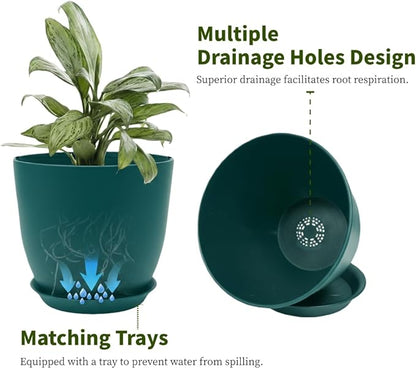 Plant Pots 8 Inch Set of 6, Flower Pots with Drainage Holes and Saucer, Plastic Garden Planters for Indoor & Outdoor Plants (Deep Green)