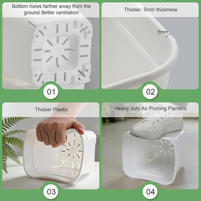 6 Pack 6/8/10 Inch Square Plant Pots with Saucers - 24-Strip Airflow Drainage for Root Health - Heavy Duty 5mm Thick White Plastic Orchid Planters for Indoor Outdoor Flowers, Herbs & Succulents
