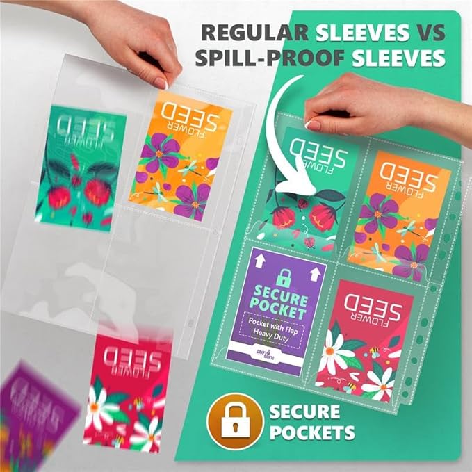 80 Pockets Spill-Proof Top Closure Seed Storage Organizer Sleeves (20 Pack) Heavy Duty 4 Pocket Garden Seed Organizer, Slot Size 3.5x5 Clear Sleeves for Seed Packet Storage, Seed Keeper, Seed Binder