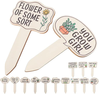 HANABASS 15 Pcs Plant Signs Labels Decorative Plant Stakes Wooden Tags Waterproof Garden Markers with Interesting Words&Pettern for Succulent, Greenery, Flower