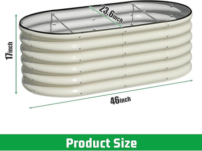 SnugNiture 4x2x1.5ft Raised Garden Bed Outdoor, 17" Tall Galvanized Metal Planter Box, Oval Raised Garden Bed Kit for Planting Vegetables Plants Fruits, Beige White