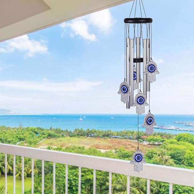 Blue Evil Eye Hand of Fatima Wind Chimes Outdoor Decoration, Hamsa Hand Windcatcher, Evil Eye Wind Bells, Fatima's Holy Hand Blue Evil Eye Amulet Wind Chimes for Home,Gift for Mom,Balcony,Patio,Garden
