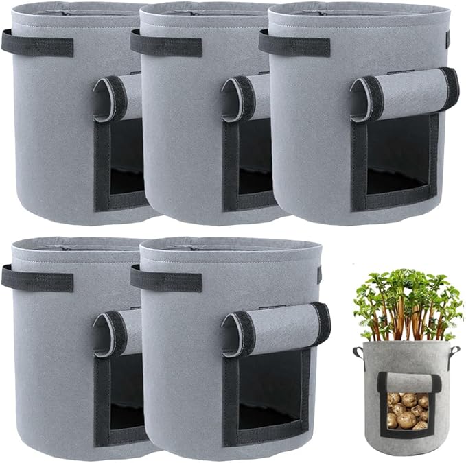 Potato Grow Bags, Thickened 300G Nonwoven Fabric Grow Bags with Handles, Grow Bag for Tomato, Vegetables, and Potatoes, Heavy Duty Planting Pots, Reusable Plant Grow Bags (5pcs Grey, 7 Gallon)