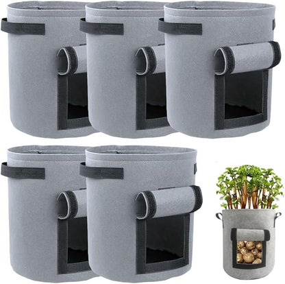Potato Grow Bags, Thickened 300G Nonwoven Fabric Grow Bags with Handles, Grow Bag for Tomato, Vegetables, and Potatoes, Heavy Duty Planting Pots, Reusable Plant Grow Bags (5pcs Grey, 7 Gallon)
