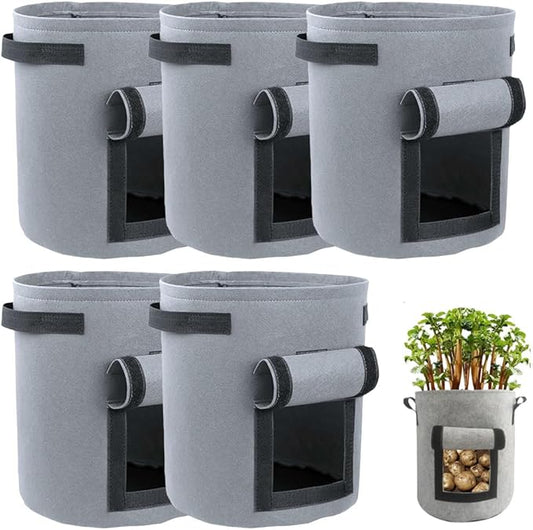 Potato Grow Bags, Thickened 300G Nonwoven Fabric Grow Bags with Handles, Grow Bag for Tomato, Vegetables, and Potatoes, Heavy Duty Planting Pots, Reusable Plant Grow Bags (5pcs Grey, 10 Gallon)
