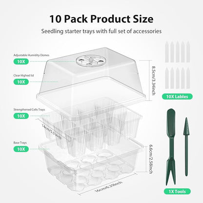 Seed Starter Tray, 10PCS Seed Starter Kit, Seedling Starter Trays with Heightened Lids for Seed Staring, Indoor Plant Germination Trays (12 Cells per Tray) Transparent