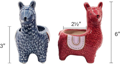 Alpaca Succulent Pots, 2 Pc. Set Animal Planter, Decorative Ceramic Planters for Indoor Home Decor Living Room Kitchen or Outdoor Garden Red and Blue