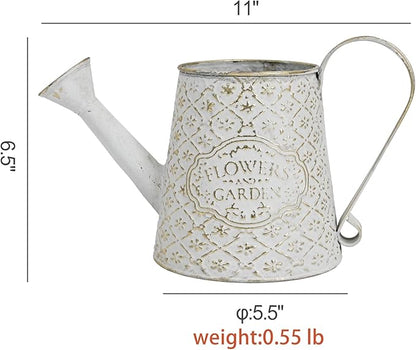Vintage White Metal Flower & Garden Watering Can, Rustic Farmhouse Decorative Watering Pot Planter for Home Patio Backyard Outdoor Plant Care