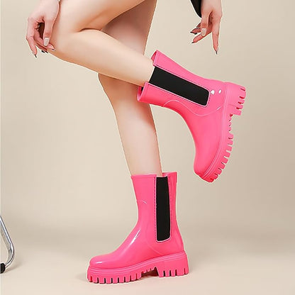 Women'S Waterproof Lug Sole Rain Boots Fashion Elastic Slip On Comfortable Platform Chunky Heel Chelsea Ankle Boots Casual Outdoor Non-Slip Rubber Garden Booties