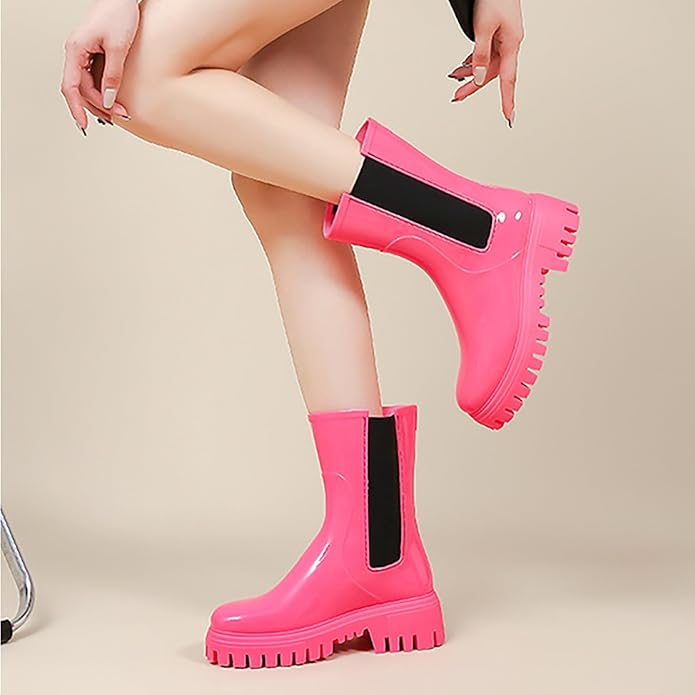 Women'S Waterproof Lug Sole Rain Boots Fashion Elastic Slip On Comfortable Platform Chunky Heel Chelsea Ankle Boots Casual Outdoor Non-Slip Rubber Garden Booties