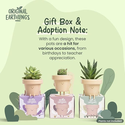 Original Earthlings Sitting Small Plant Pot - 4 Inch Cute Plant Pot - Succulent & Cactus Christmas Planters, Removable Drainage Plug, Cute Decor Plant Gifts for Plant Lovers, Teacher Gifts