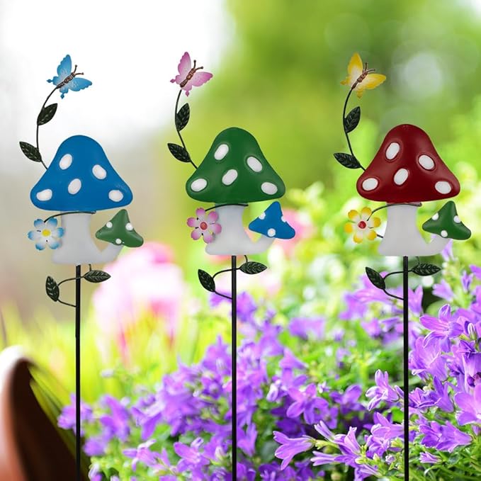 Stargarden Decorative Garden Stakes, 3 Pack Mushroom Lawn Ornaments Metal Garden Stakes, Colorful Yard Art for Garden, Lawn, Porch