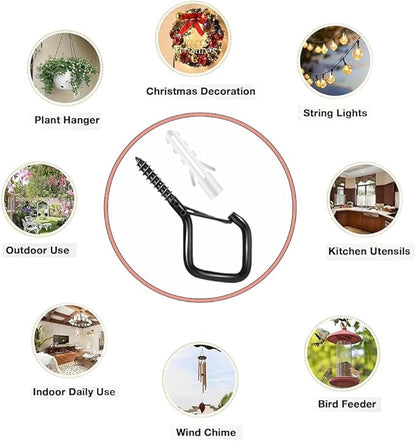32-Pack Heavy-Duty Black Screw Eye Hooks with Safety Clips | Metal Ceiling Hooks for Hanging Plants, Wind Chimes, Bird Feeders & Indoor/Outdoor Lights