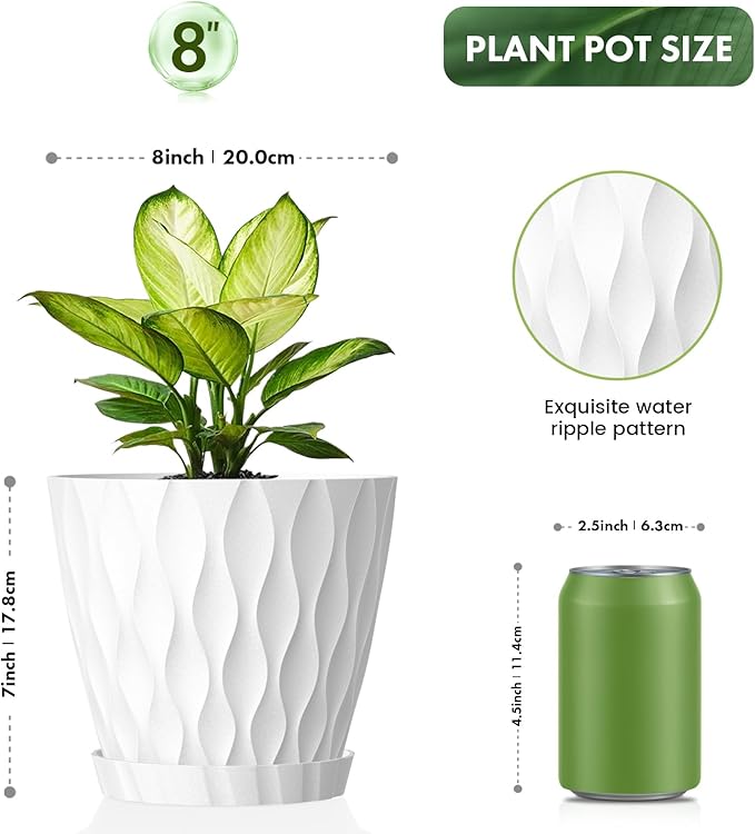 8 Inch Plant Pots, 2 Pack Plastic Planters for Indoor Outdoor with Drainage Holes & Saucers, Waffle Texture Flower Pots for Indoor Plants, Indoor Plant Pots for Monstera, Fiddle Leaf Fig, White