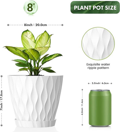 8 Inch Plant Pots, 2 Pack Plastic Planters for Indoor Outdoor with Drainage Holes & Saucers, Waffle Texture Flower Pots for Indoor Plants, Indoor Plant Pots for Monstera, Fiddle Leaf Fig, White