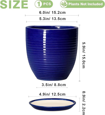 Ceramic Plant Pot - 6 Inch Pots for Plants, Round Ceramic Planters with Drainage Hole and Saucer, Decorative Flower Pots for Indoor Plants, Room Desk Decor, Housewarming Gifts, Glossy Blue