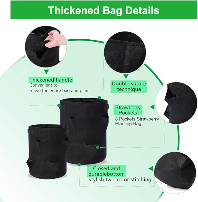 GOTGELIF Strawberry Grow Bags, 2 Pack 10 Gallon Strawberry Planter with 8 Side Grow Pockets, Breathable Non-Woven Fabric Reinforce Handle Plant Grow Bag for Garden Strawberries, Herbs, Flowers