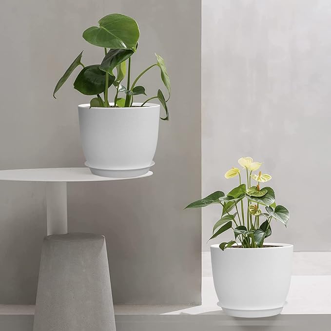 12/10/9 Large Plant Pots, Plastic Planters with Drainage Holes and Saucers for Indoor Outdoor Plants Flowers, White