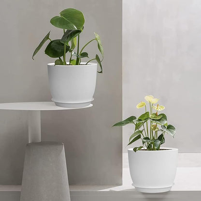 12/10/9 Large Plant Pots, Plastic Planters with Drainage Holes and Saucers for Indoor Outdoor Plants Flowers, White
