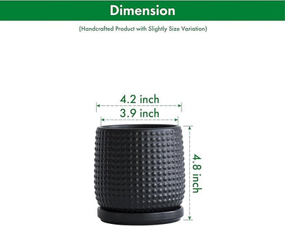 D'vine Dev Set of 2 Ceramic Plants Pots, 4 Inch Beaded Stoneware Flower Pot for Plants with Drainage Hole and Saucer, Ebony Matte, 27-E-Z-6